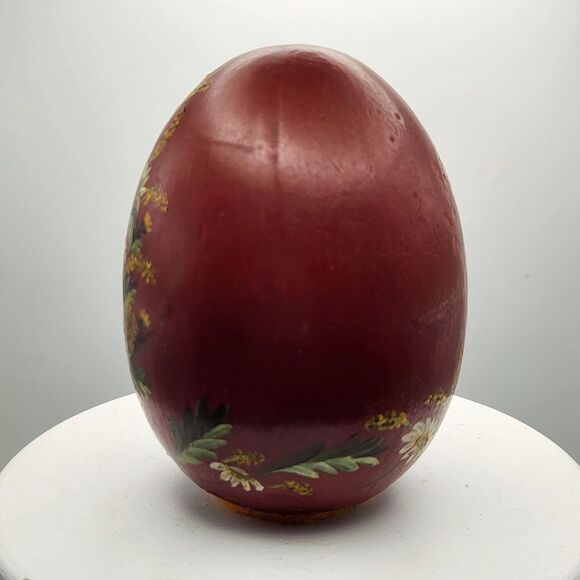 1995 Vintage Artistisan Signed Chalkware Egg Large Handpainted Red Yellow Floral - Picture 3 of 9